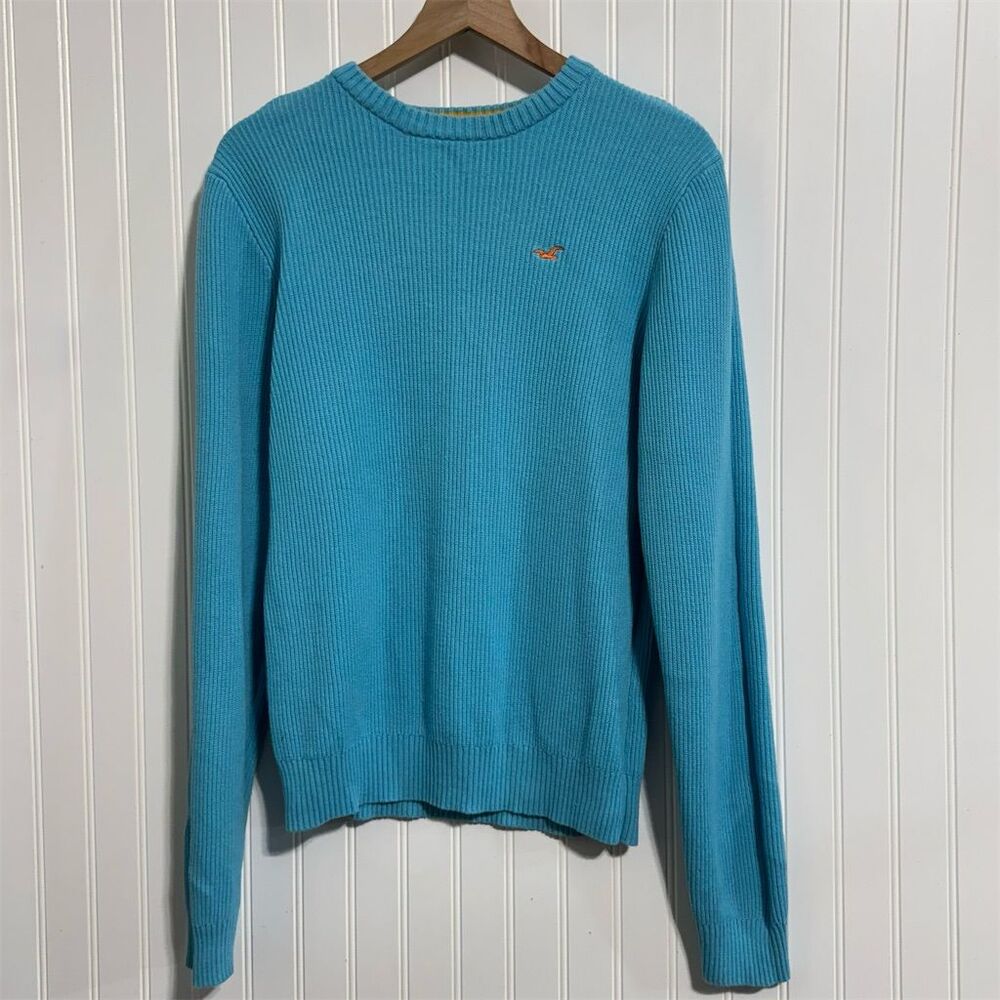 Hollister Y2K Blue Ribbed Sweater 100% Cotton Crewneck L Coastal Preppy Icon